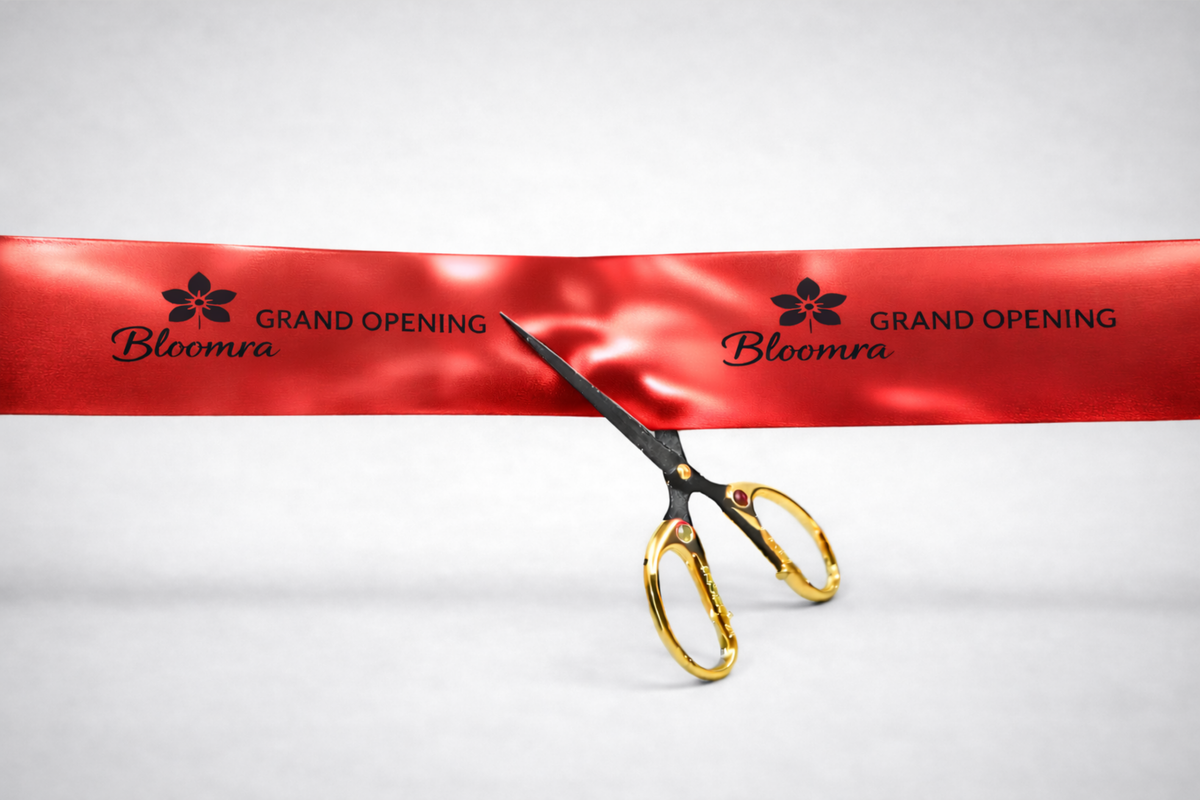 Fita de inauguração personalizada em vermelho metálico da JM Band®.