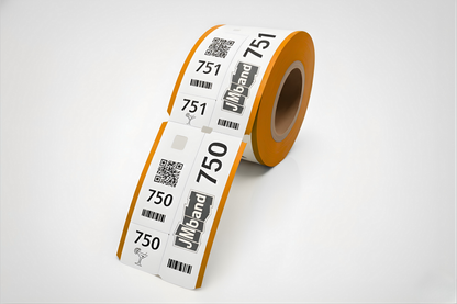 Bilhetes laranja em 3 partes com impressão personalizada em laranja.