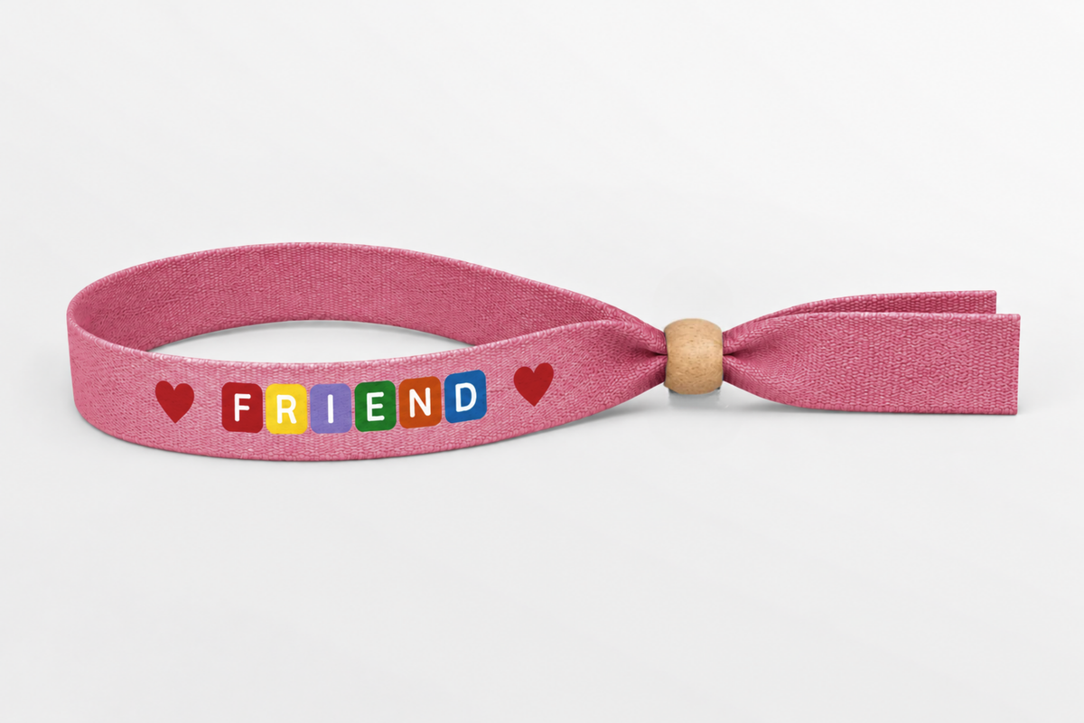 Pulseira de tecido de bambu cor-de-rosa com impressão a cores e fecho de madeira