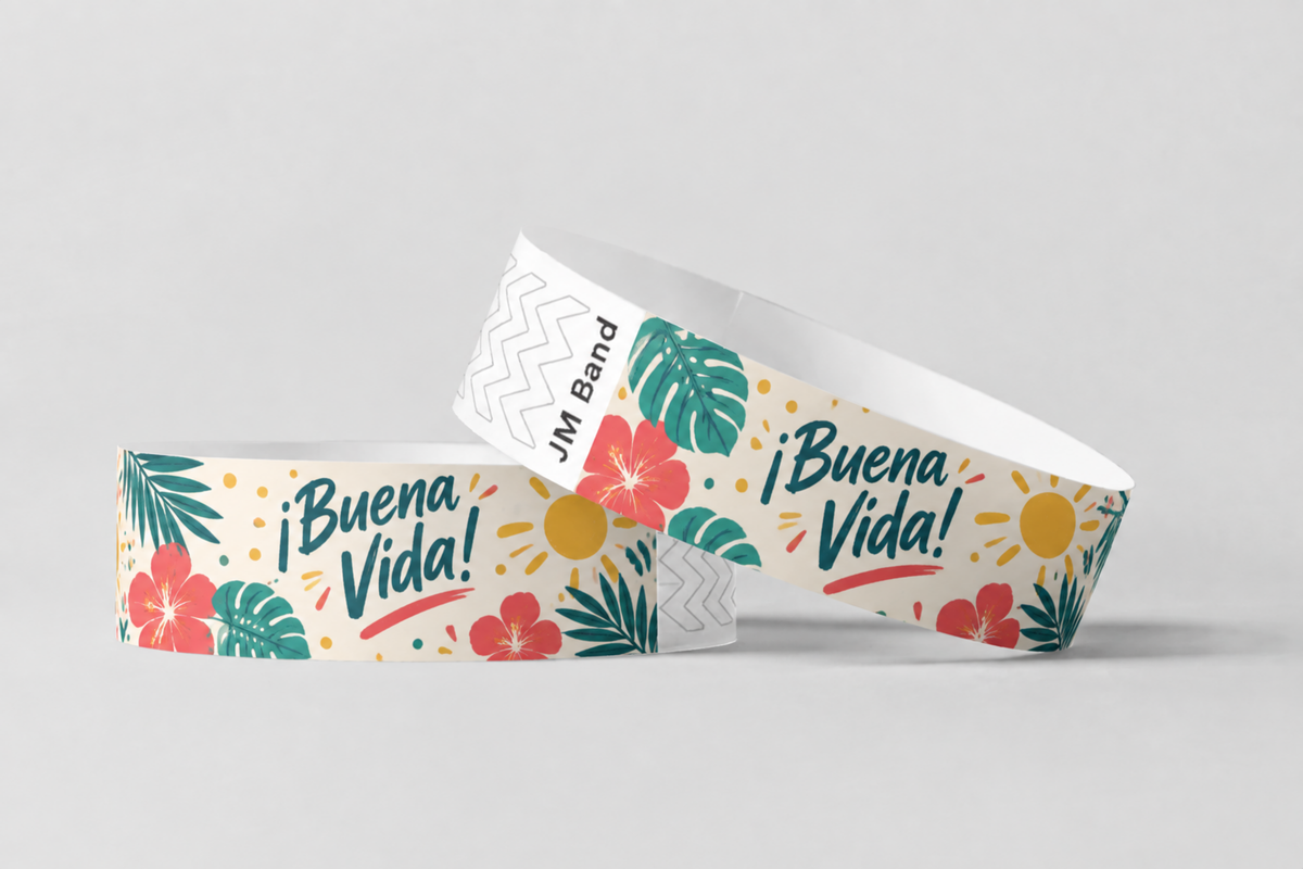 Duas pulseiras de papel com estampado de flores tropicais a cores