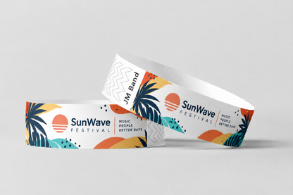 Duas pulseiras de papel com estampado de festival ao pôr do sol a cores