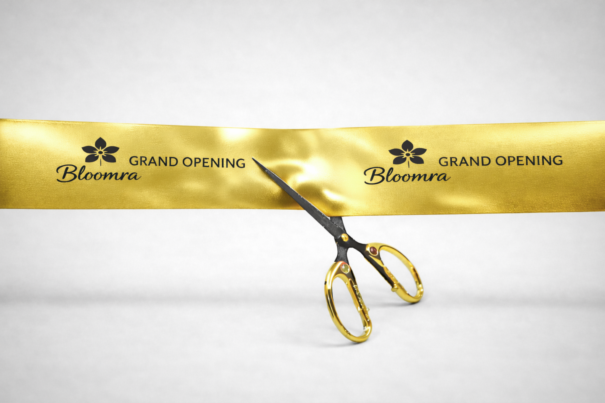 Fita de inauguração em dourado metálico com estampa da JM Band®.