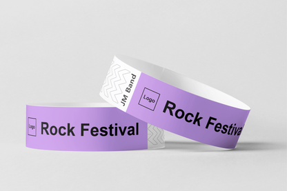 Foto de pulseiras de papel impressas da JM Band®. Compre pulseiras de papel na cor lavanda aqui.