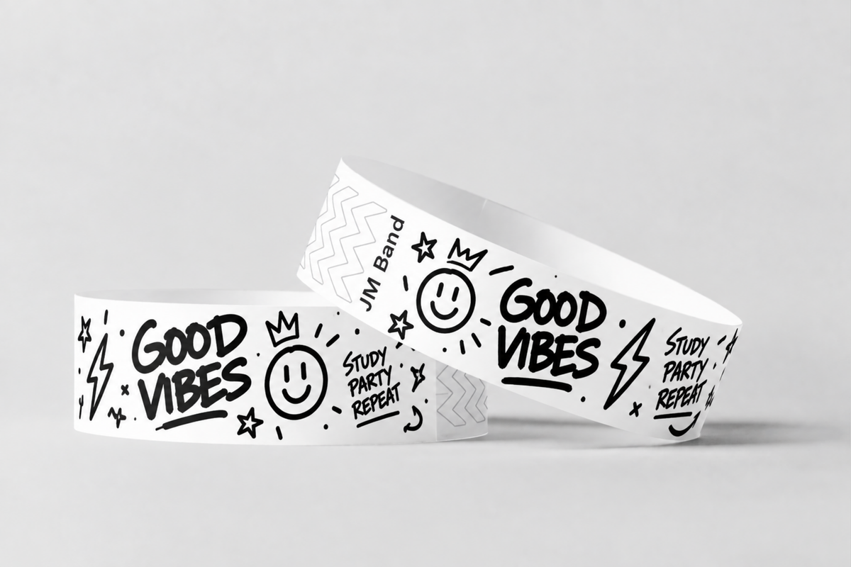 Duas pulseiras de papel brancas com desenhos impressos a preto