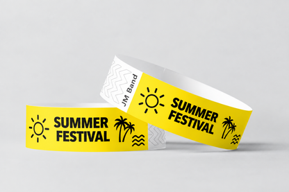 Duas pulseiras de papel amarelas com design de festival de verão impresso