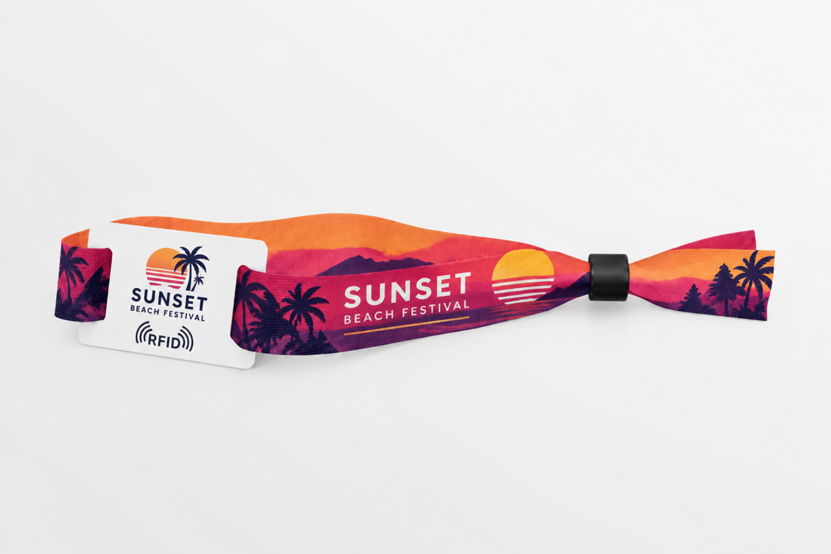Pulseira de tecido rPET RFID com estampado laranja de festival de praia ao pôr do sol