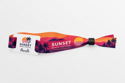 Pulseira de tecido rPET RFID com estampado laranja de festival de praia ao pôr do sol