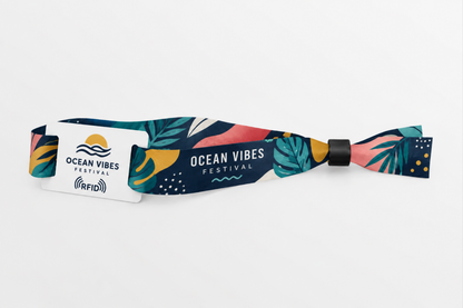Pulseira de tecido rPET RFID com estampado colorido de festival tropical