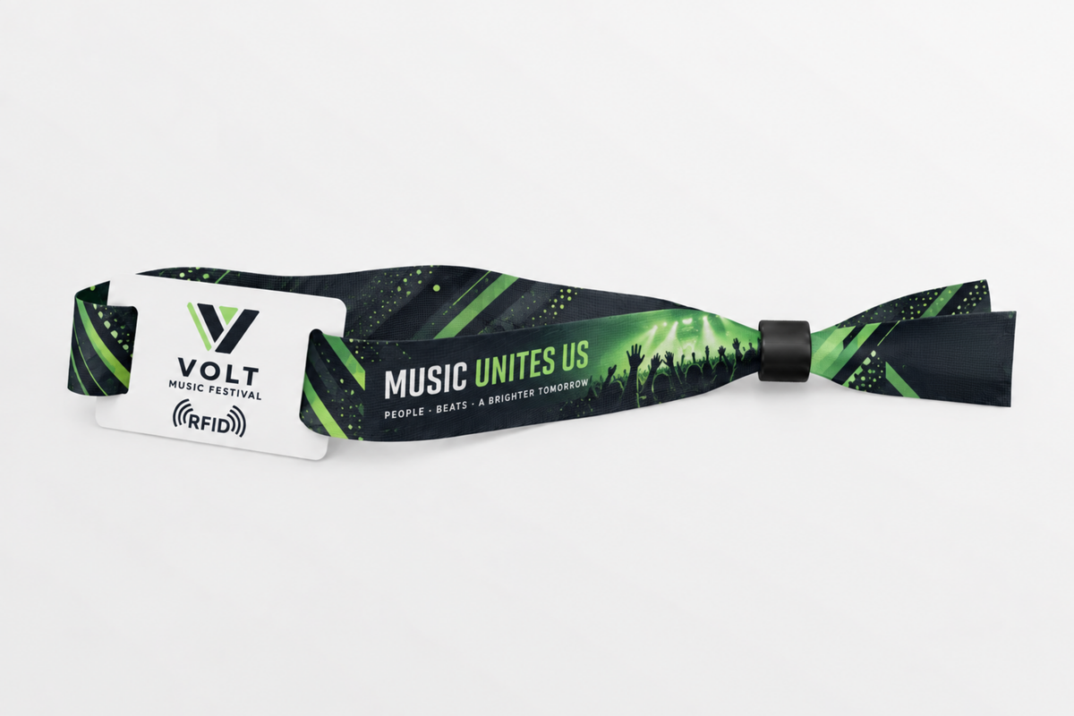 Pulseira de tecido rPET RFID com estampado verde-escuro de festival de música