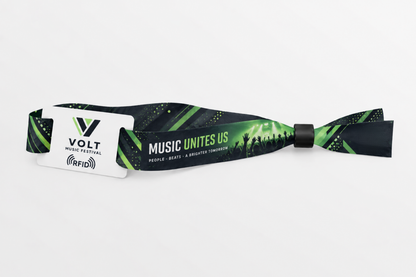 Pulseira de tecido rPET RFID com estampado verde-escuro de festival de música