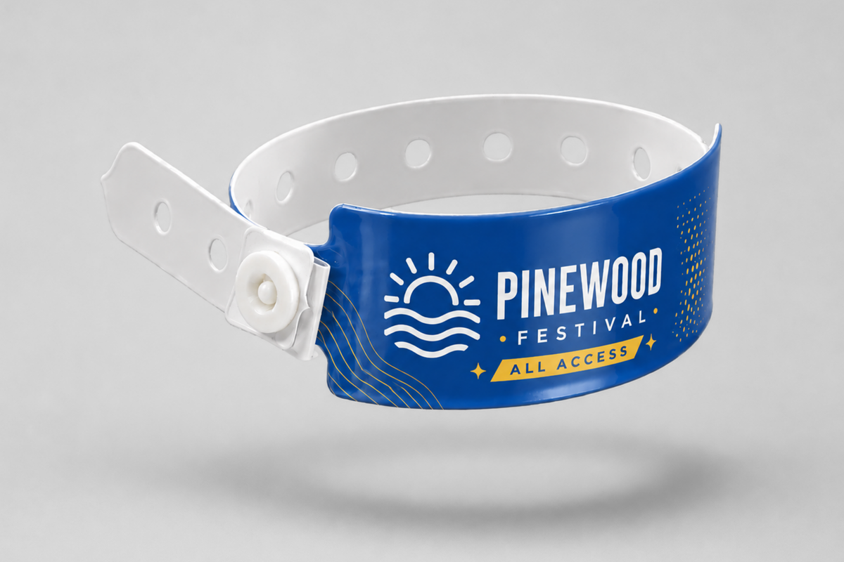 A photo of W-Vinyl Wristbands with print from JM Band®. Purchase Vinyl Wristbands in Blue here.