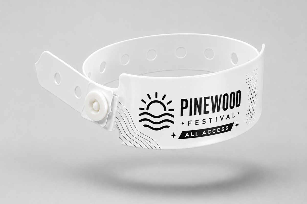 A photo of W-Vinyl Wristbands with print from JM Band®. Purchase Vinyl Wristbands in White here.