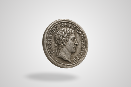 A photo of an antique metal coin in silver with embossing